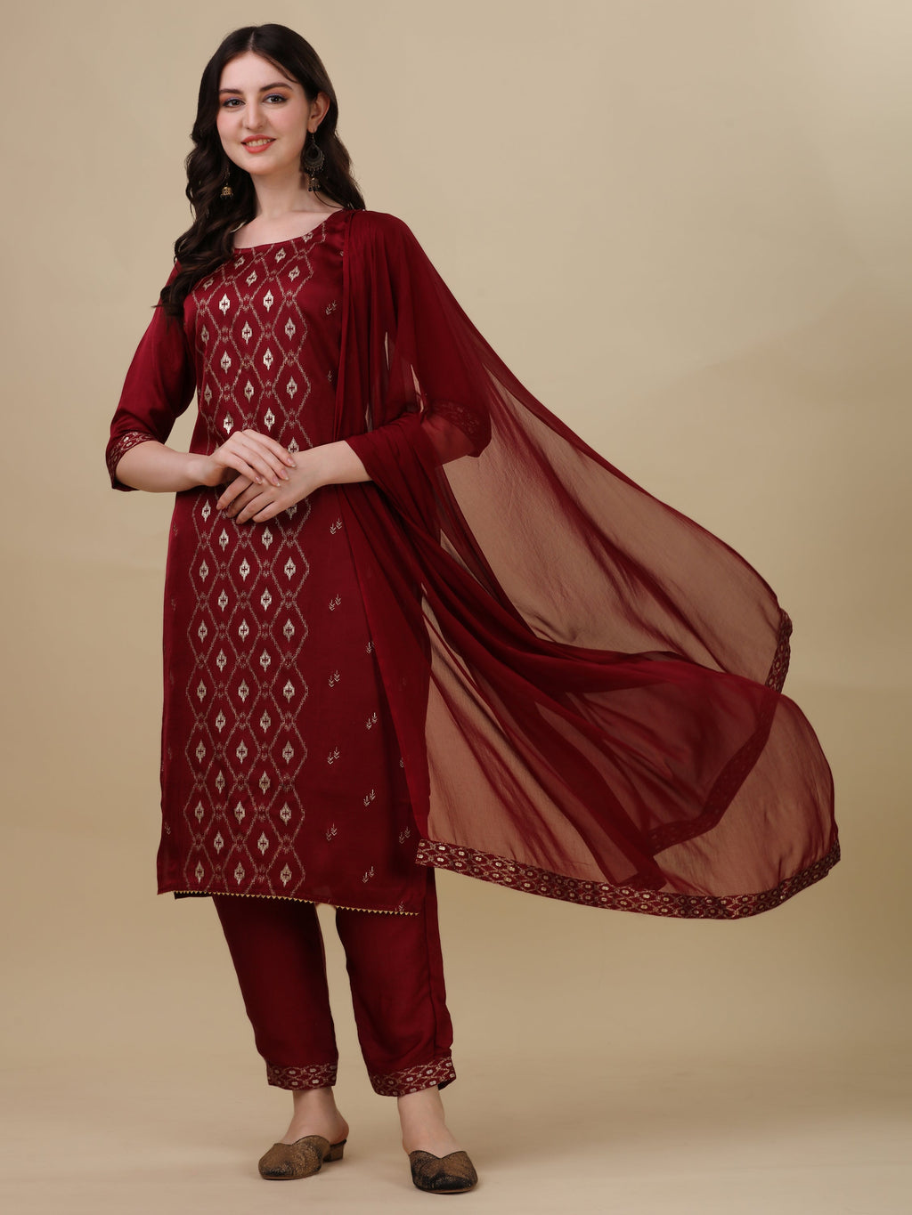 Foil Printed Kurta With Pant And Dupatta Set, Multicolor - Hiral Fashion | Grocsy