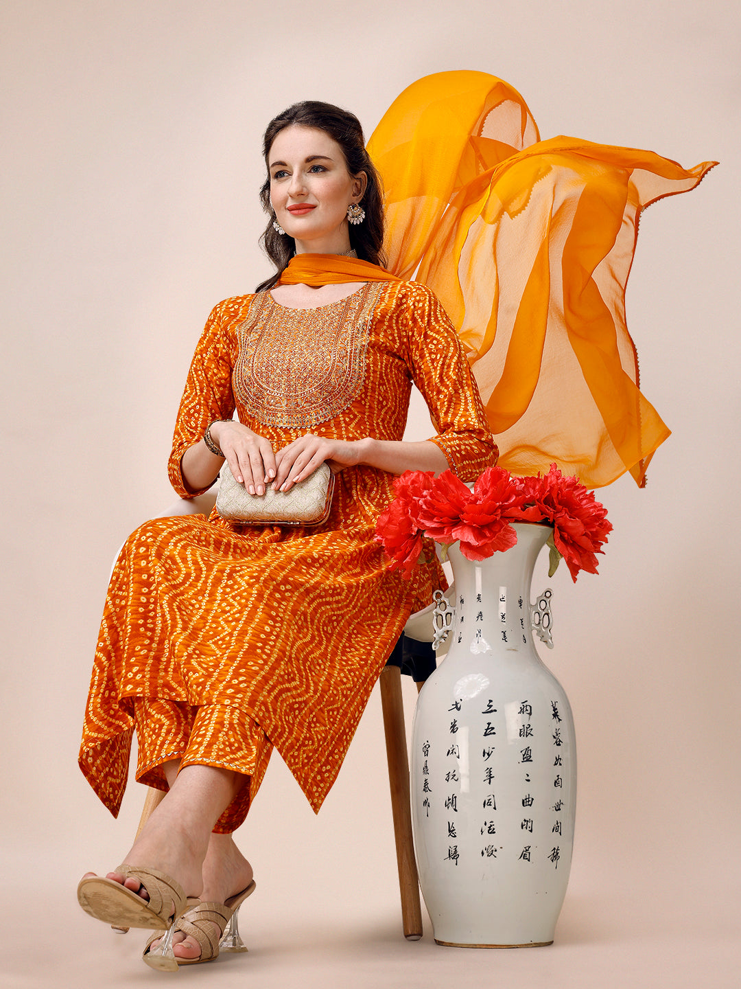 Bandhani Printed & Embroidered Kurta With Pant & Dupatta Set, Multicolor - Hiral Fashion | Grocsy