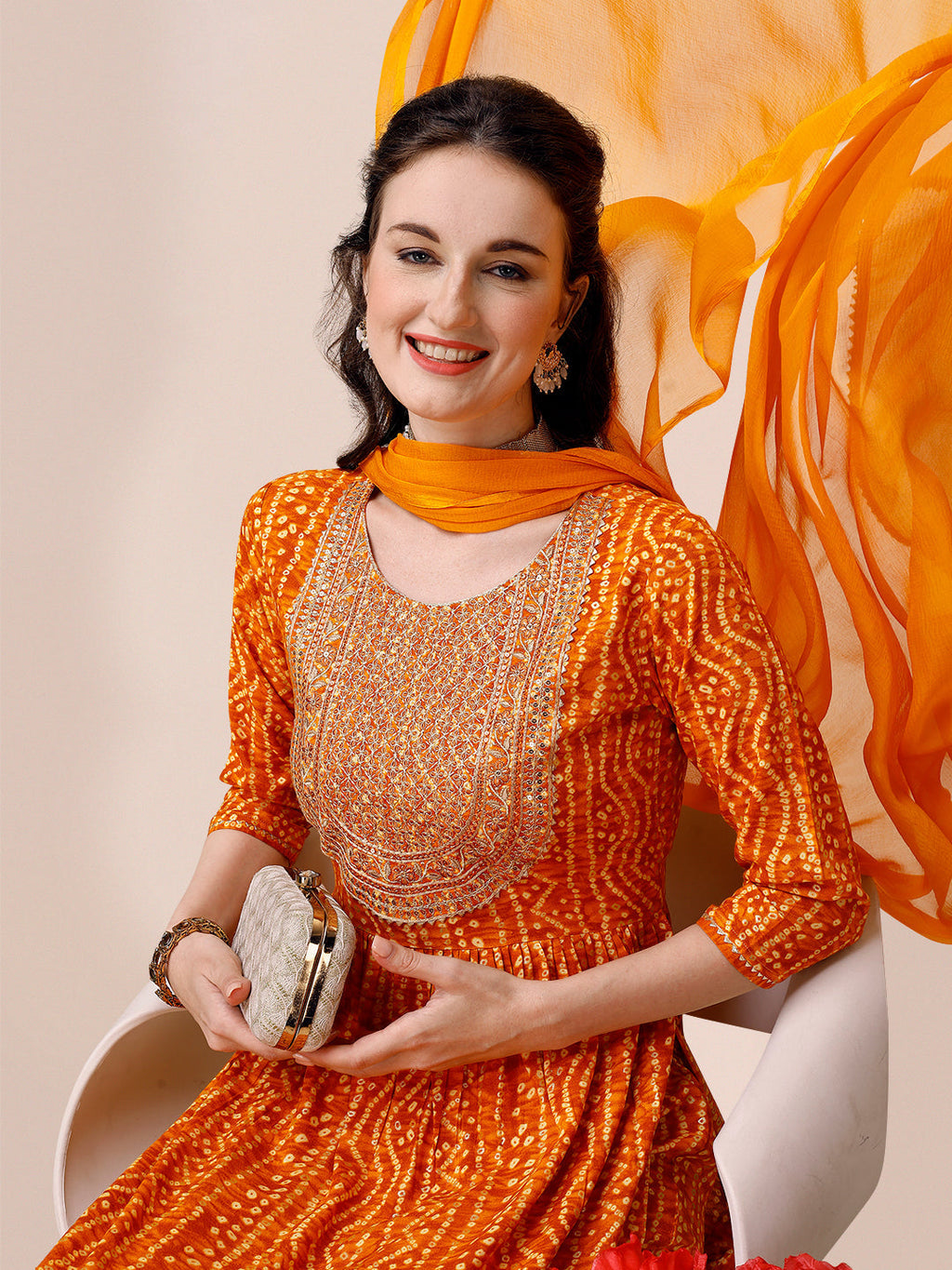 Bandhani Printed & Embroidered Kurta With Pant & Dupatta Set, Multicolor - Hiral Fashion | Grocsy