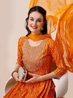 Bandhani Printed & Embroidered Kurta With Pant & Dupatta Set, Multicolor - Hiral Fashion | Grocsy