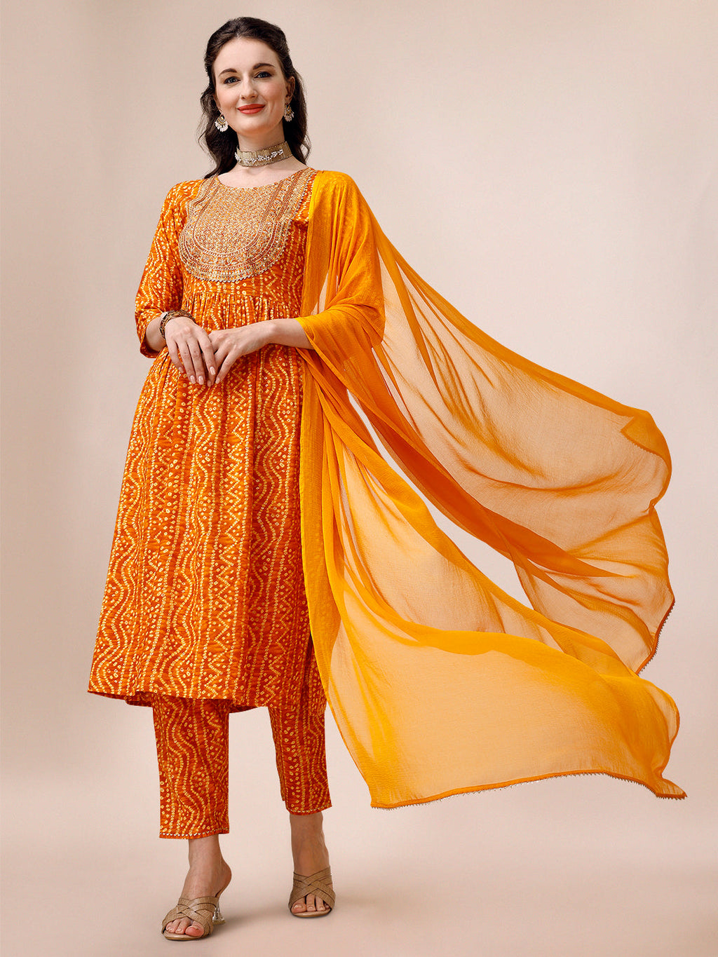 Bandhani Printed & Embroidered Kurta With Pant & Dupatta Set, Multicolor - Hiral Fashion | Grocsy