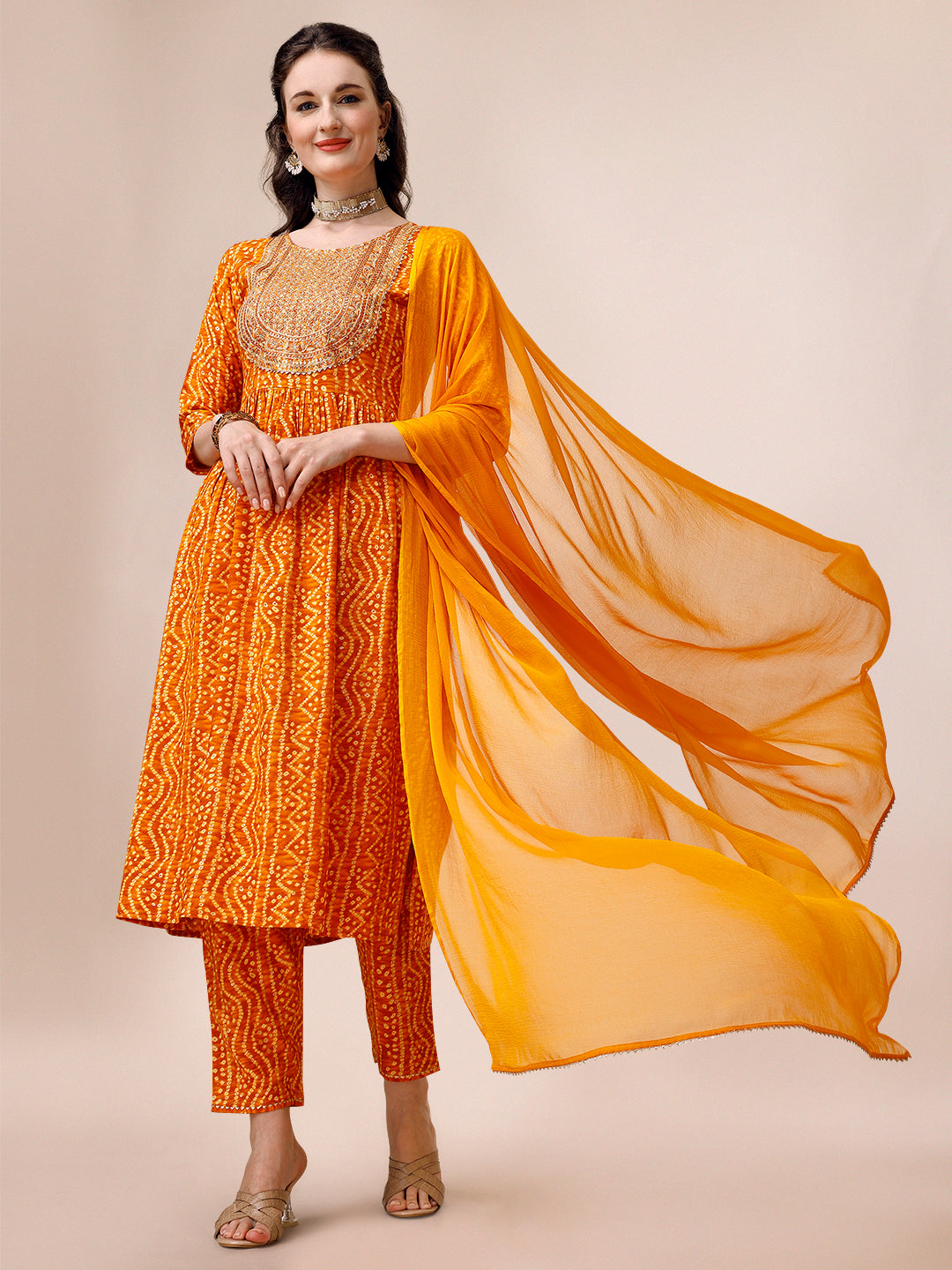 Bandhani Printed & Embroidered Kurta With Pant & Dupatta Set, Multicolor - Hiral Fashion | Grocsy