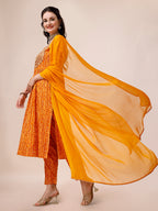 Bandhani Printed & Embroidered Kurta With Pant & Dupatta Set, Multicolor - Hiral Fashion | Grocsy