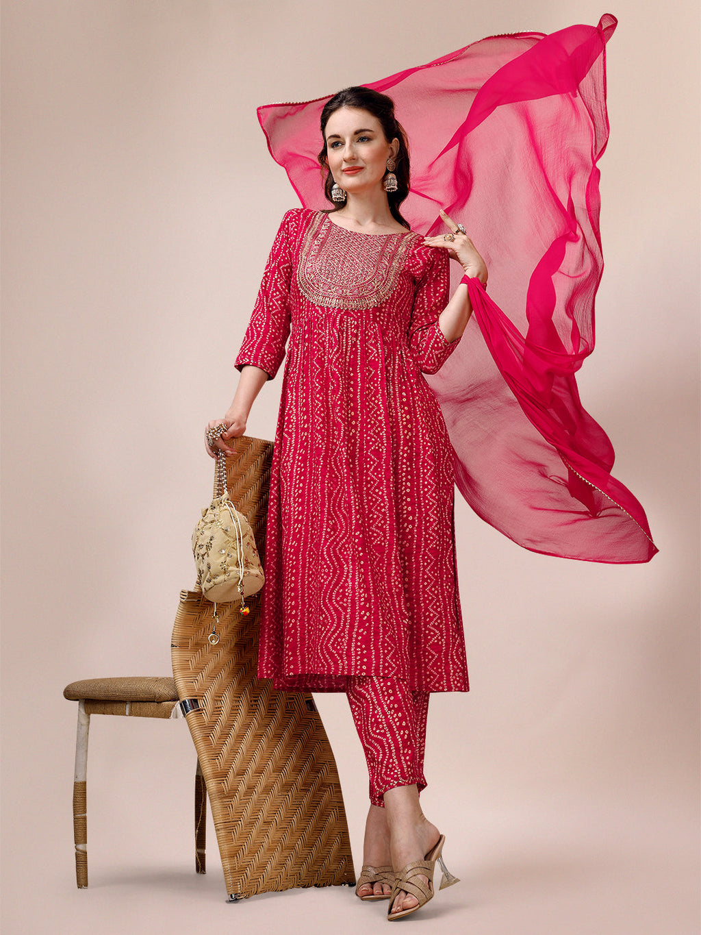 Bandhani Printed & Embroidered Kurta With Pant & Dupatta Set, Multicolor - Hiral Fashion | Grocsy