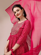Bandhani Printed & Embroidered Kurta With Pant & Dupatta Set, Multicolor - Hiral Fashion | Grocsy