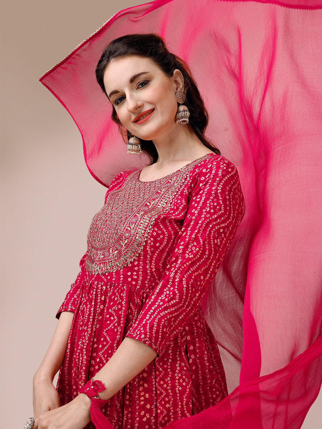 Bandhani Printed & Embroidered Kurta With Pant & Dupatta Set, Multicolor - Hiral Fashion | Grocsy