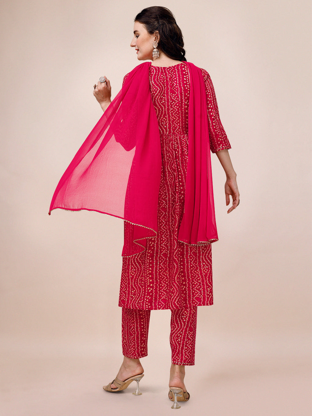 Bandhani Printed & Embroidered Kurta With Pant & Dupatta Set, Multicolor - Hiral Fashion | Grocsy