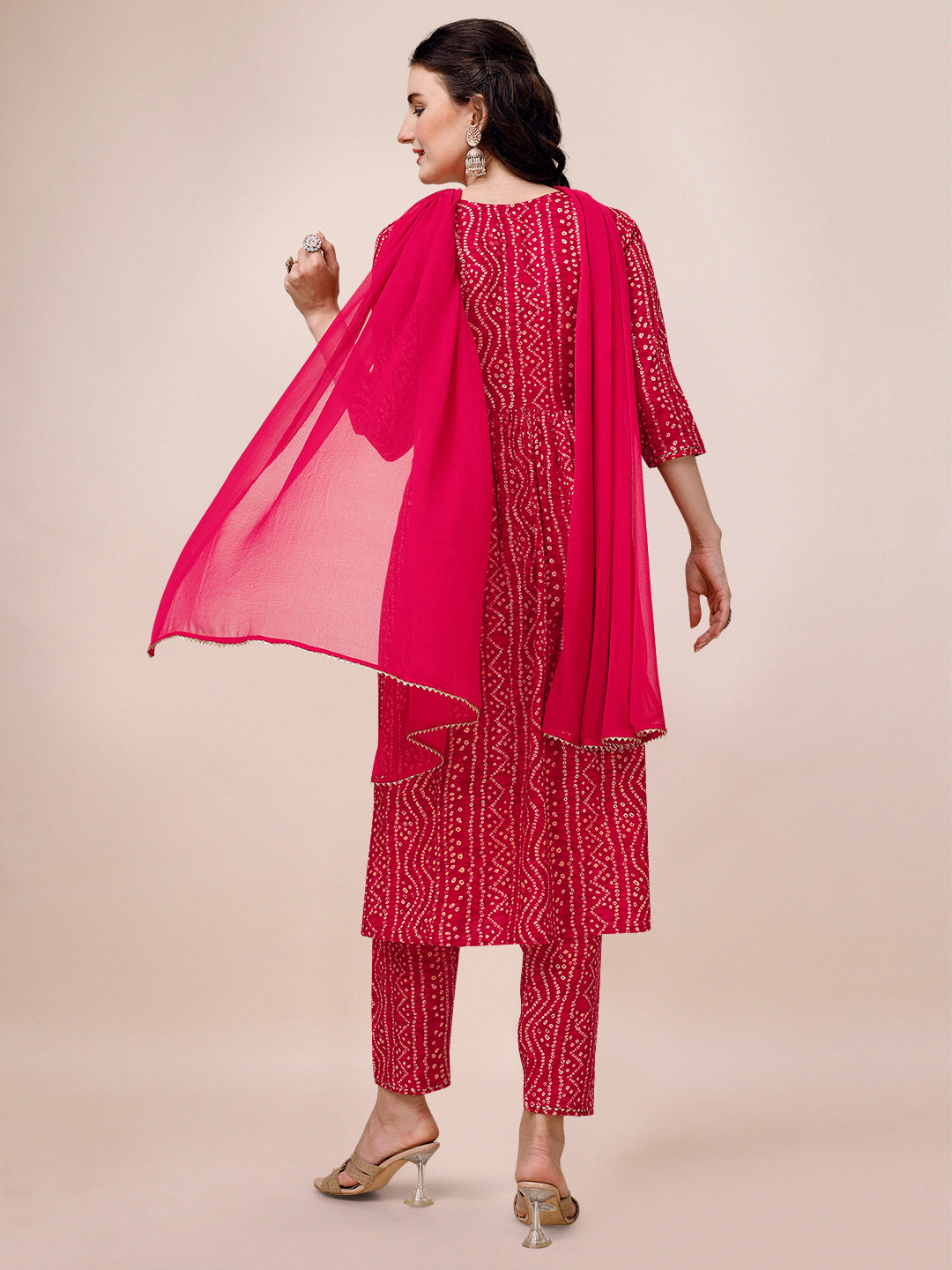 Bandhani Printed & Embroidered Kurta With Pant & Dupatta Set, Multicolor - Hiral Fashion | Grocsy