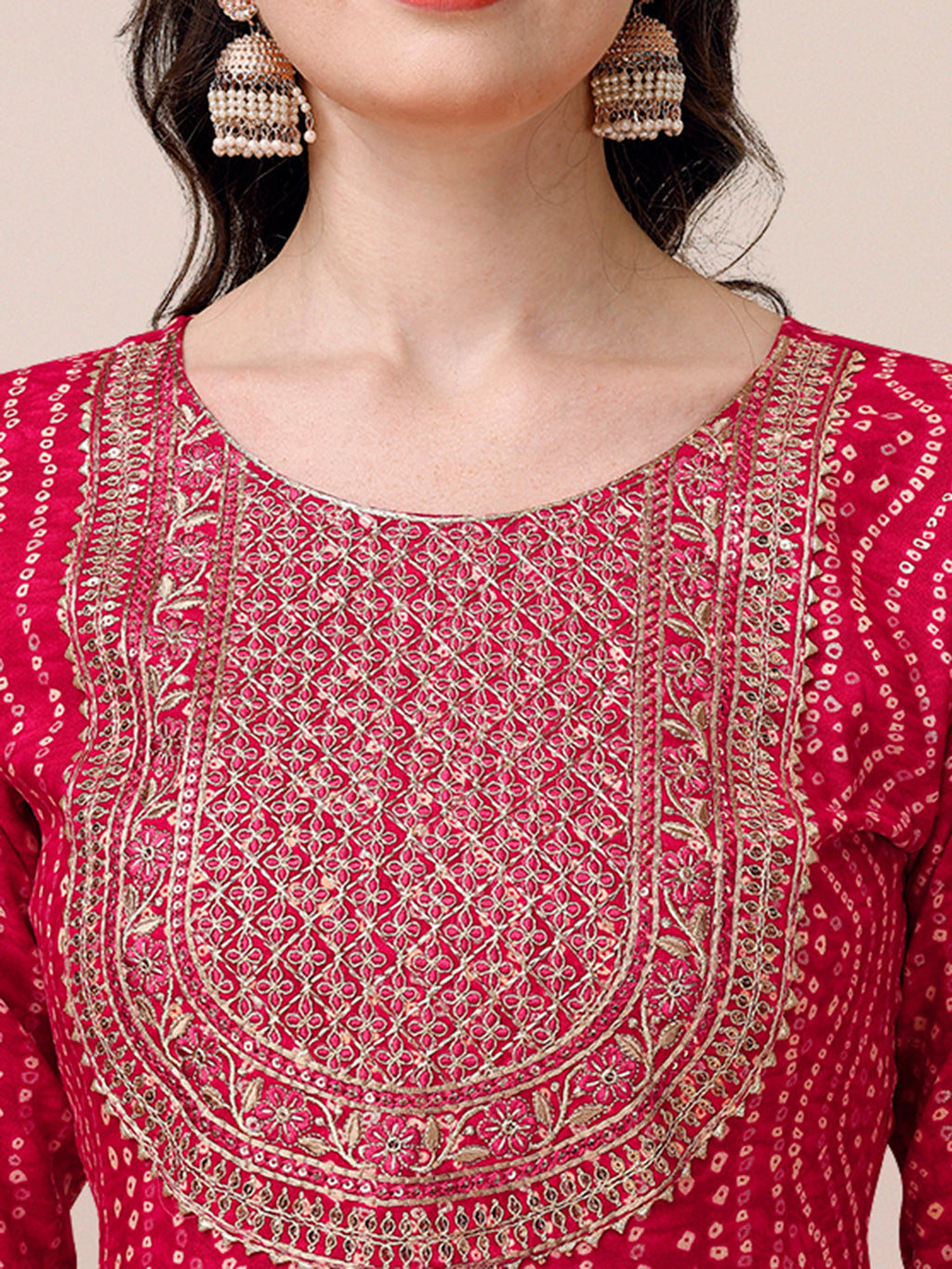 Bandhani Printed & Embroidered Kurta With Pant & Dupatta Set, Multicolor - Hiral Fashion | Grocsy