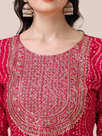 Bandhani Printed & Embroidered Kurta With Pant & Dupatta Set, Multicolor - Hiral Fashion | Grocsy