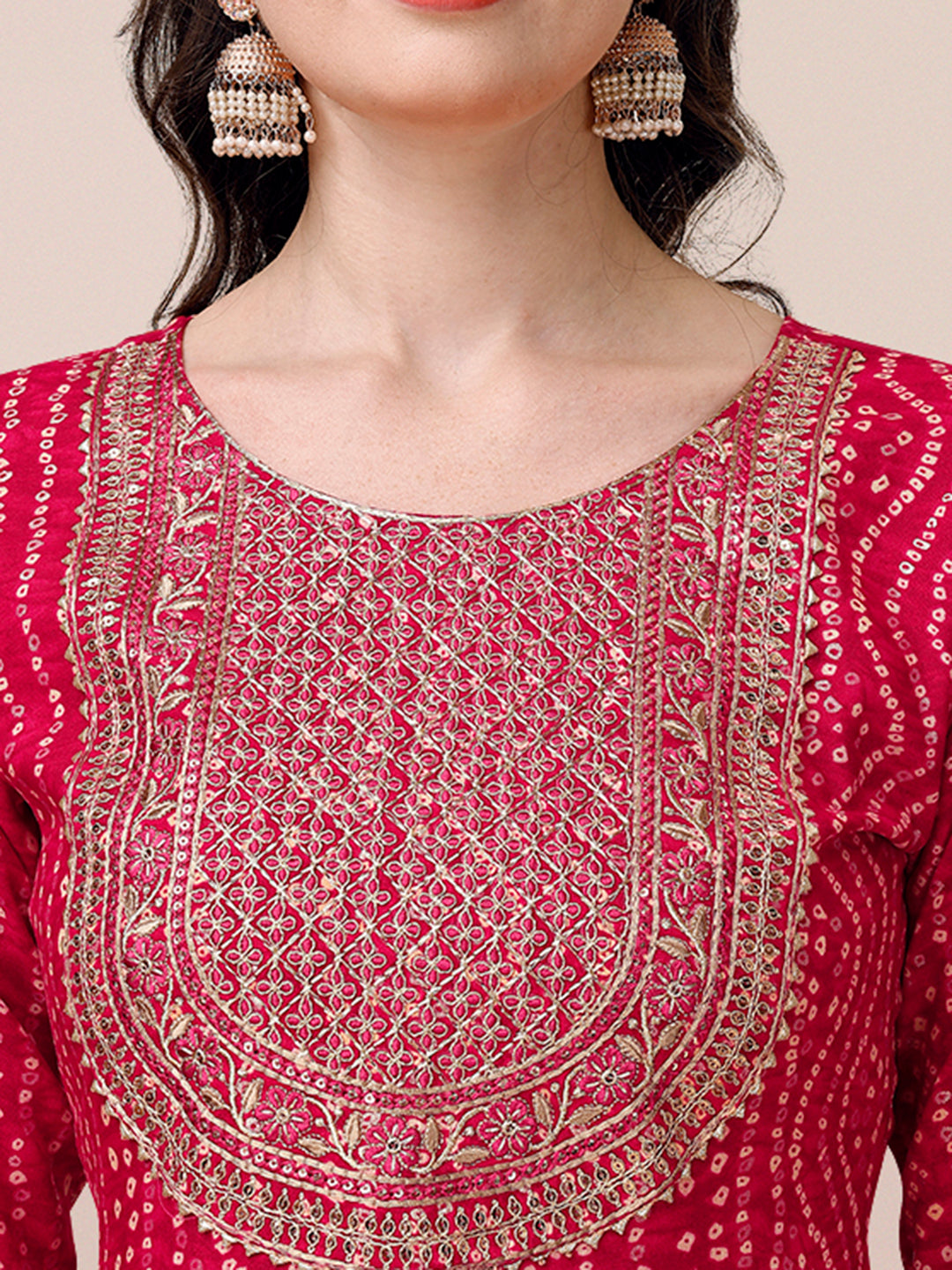 Bandhani Printed & Embroidered Kurta With Pant & Dupatta Set, Multicolor - Hiral Fashion | Grocsy