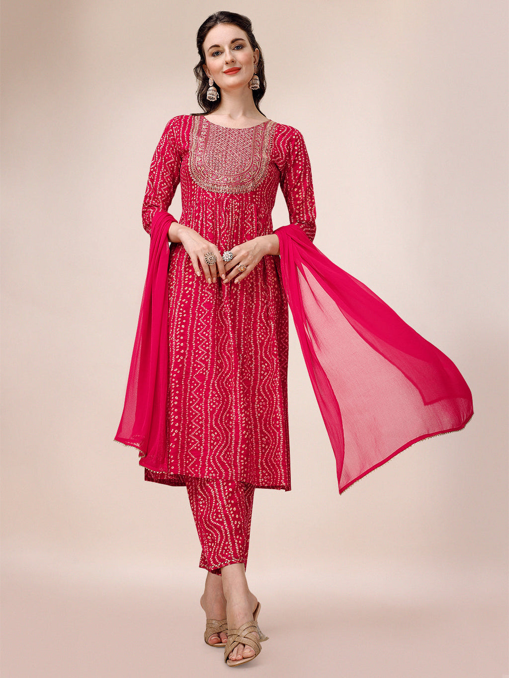 Bandhani Printed & Embroidered Kurta With Pant & Dupatta Set, Multicolor - Hiral Fashion | Grocsy