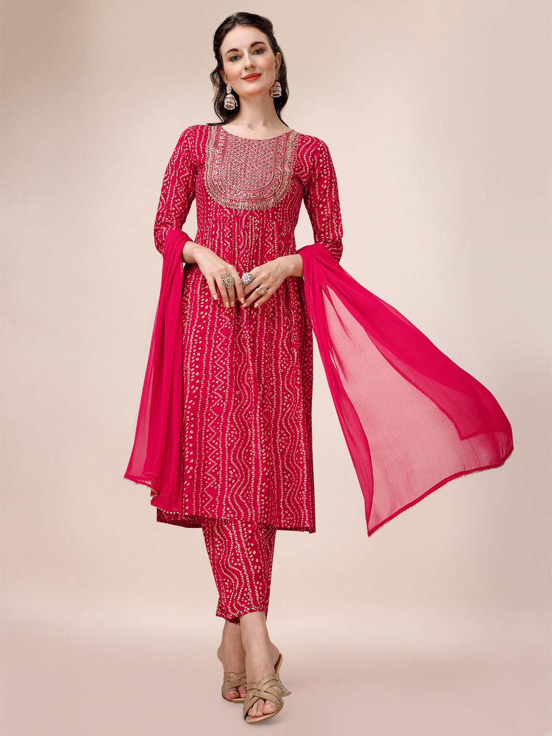 Bandhani Printed & Embroidered Kurta With Pant & Dupatta Set, Multicolor - Hiral Fashion | Grocsy