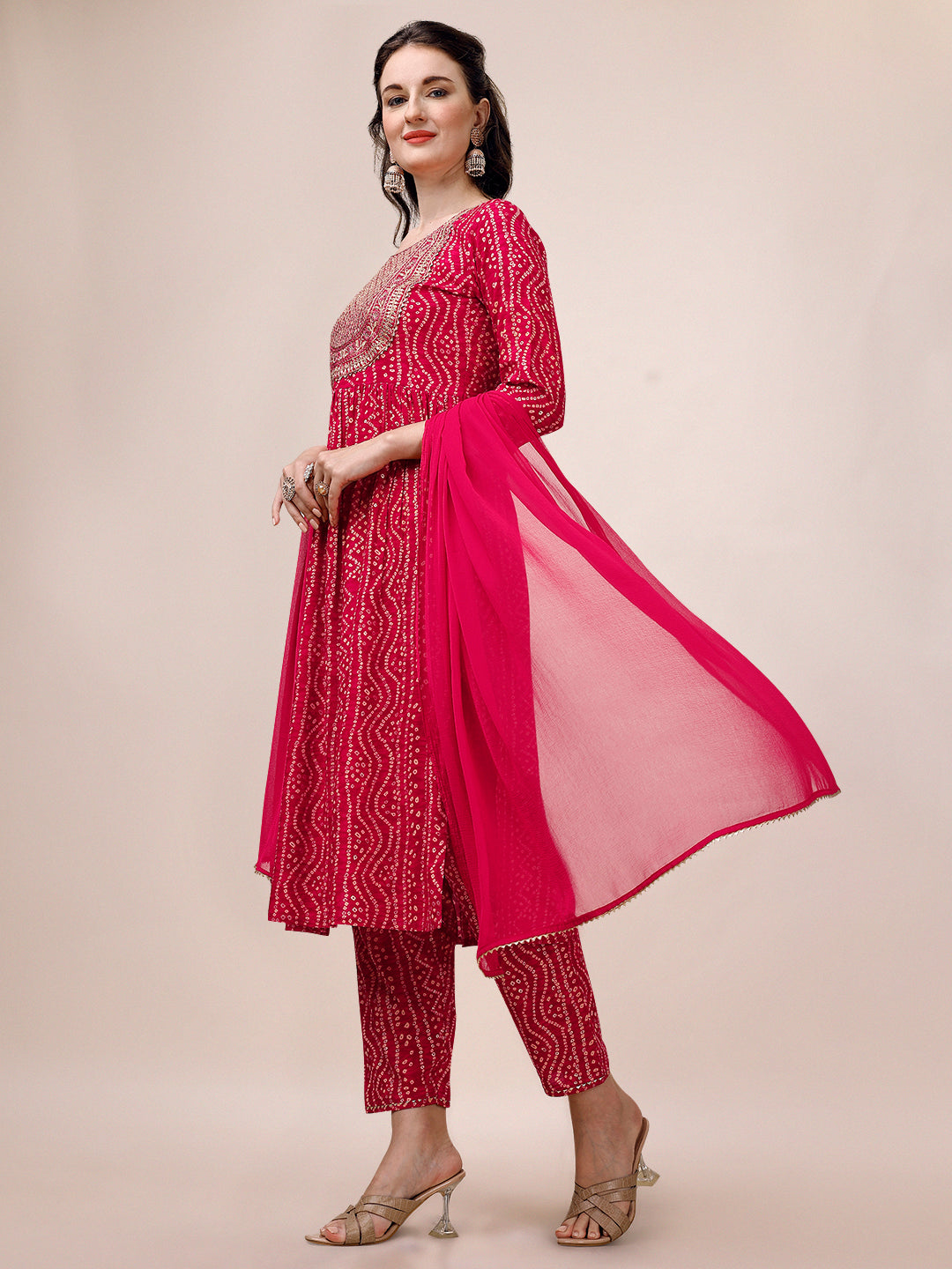 Bandhani Printed & Embroidered Kurta With Pant & Dupatta Set, Multicolor - Hiral Fashion | Grocsy