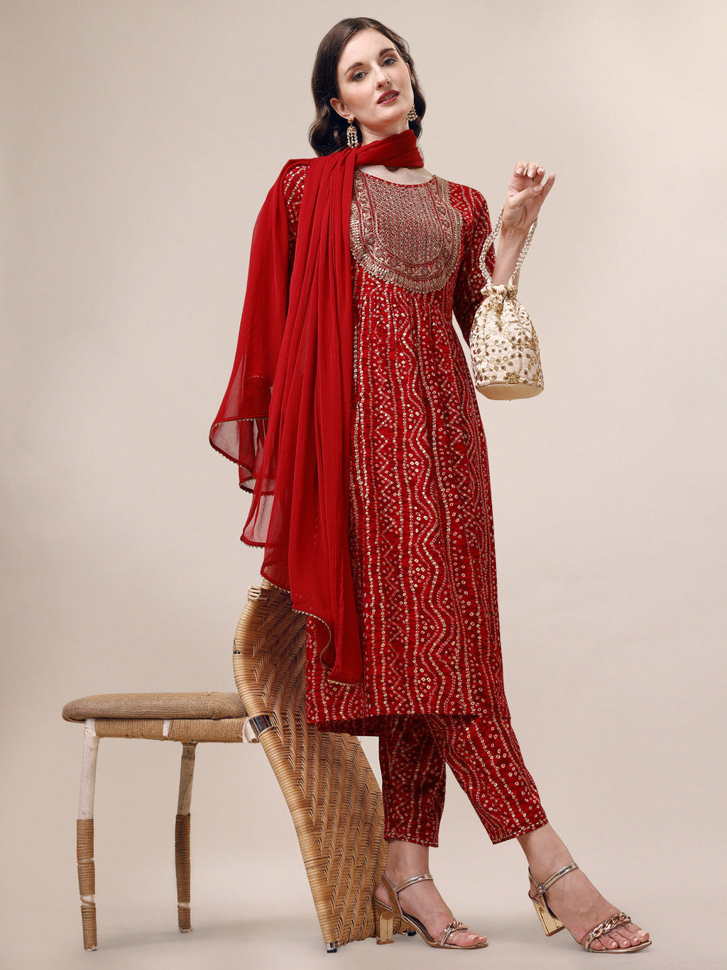 Bandhani Printed & Embroidered Kurta With Pant & Dupatta Set, Multicolor - Hiral Fashion | Grocsy