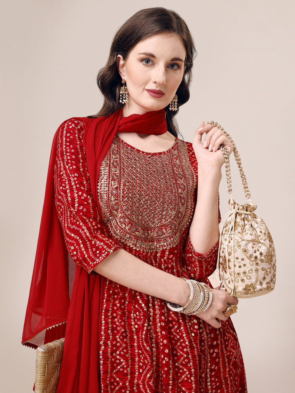 Bandhani Printed & Embroidered Kurta With Pant & Dupatta Set, Multicolor - Hiral Fashion | Grocsy