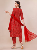 Bandhani Printed & Embroidered Kurta With Pant & Dupatta Set, Multicolor - Hiral Fashion | Grocsy