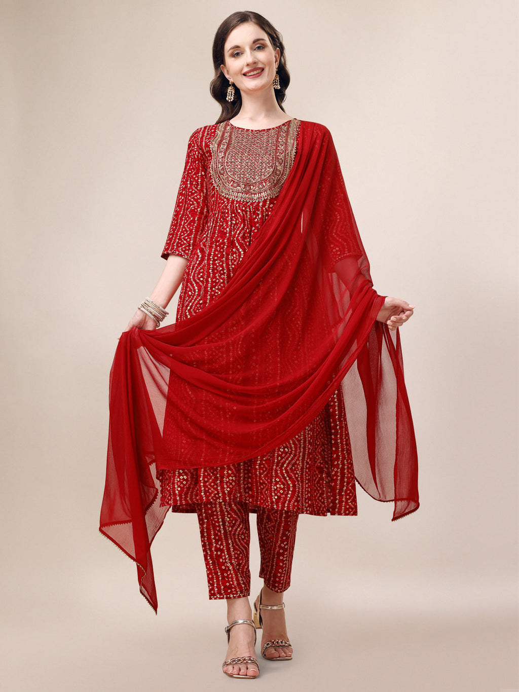 Bandhani Printed & Embroidered Kurta With Pant & Dupatta Set, Multicolor - Hiral Fashion | Grocsy