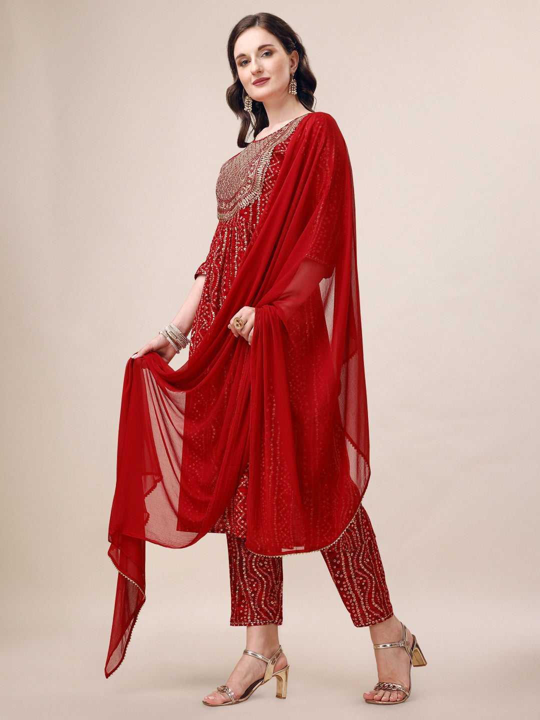 Bandhani Printed & Embroidered Kurta With Pant & Dupatta Set, Multicolor - Hiral Fashion | Grocsy