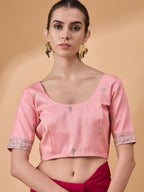 Pink Muslin Embroidered Saree with Unstitched Blouse Piece - Satya | Grocsy