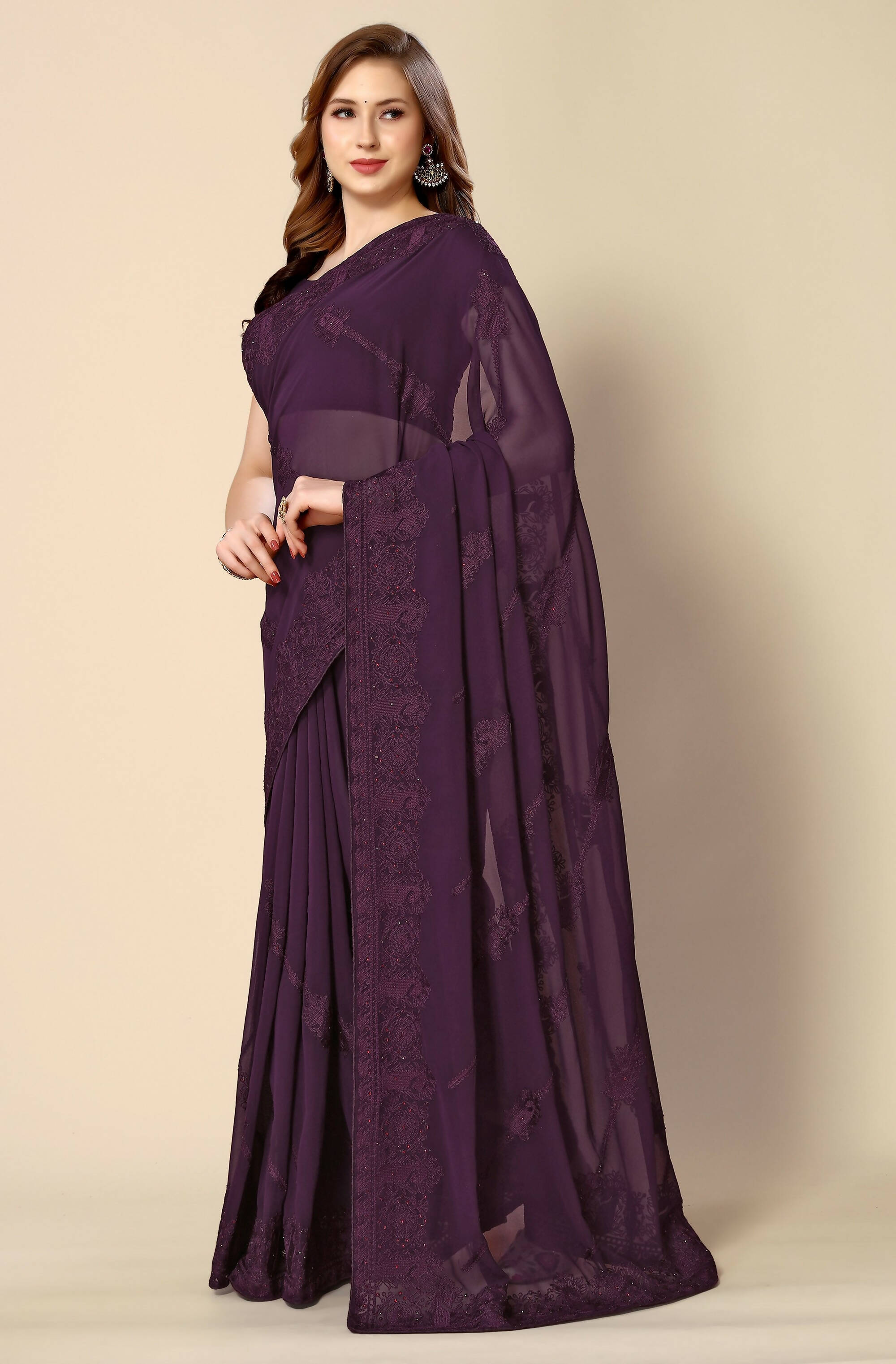 Purple Georgette Embroidered and Stone Work Saree with Unstitched Blouse Piece - Roozal | Grocsy
