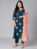 Janasya Women's Teal Poly Crepe A-Line Party Kurta Set | Grocsy