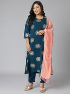 Janasya Women's Teal Poly Crepe A-Line Party Kurta Set | Grocsy