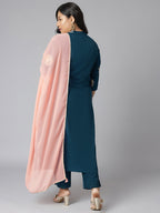 Janasya Women's Teal Poly Crepe A-Line Party Kurta Set | Grocsy