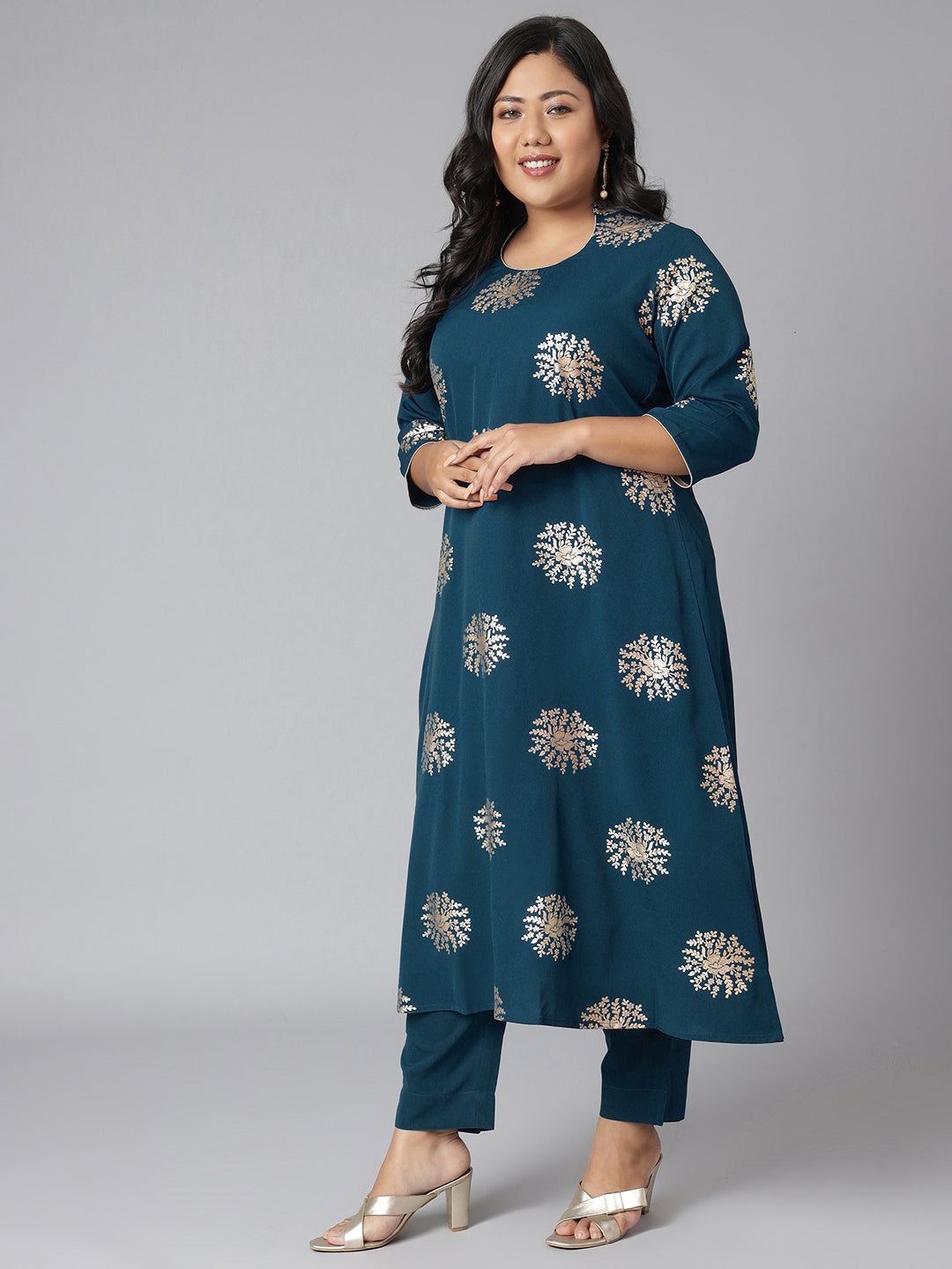 Janasya Women's Teal Poly Crepe A-Line Party Kurta Set | Grocsy