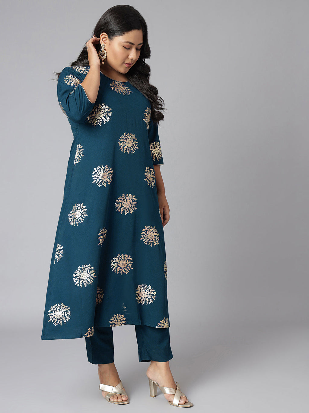 Janasya Women's Teal Poly Crepe A-Line Party Kurta Set | Grocsy