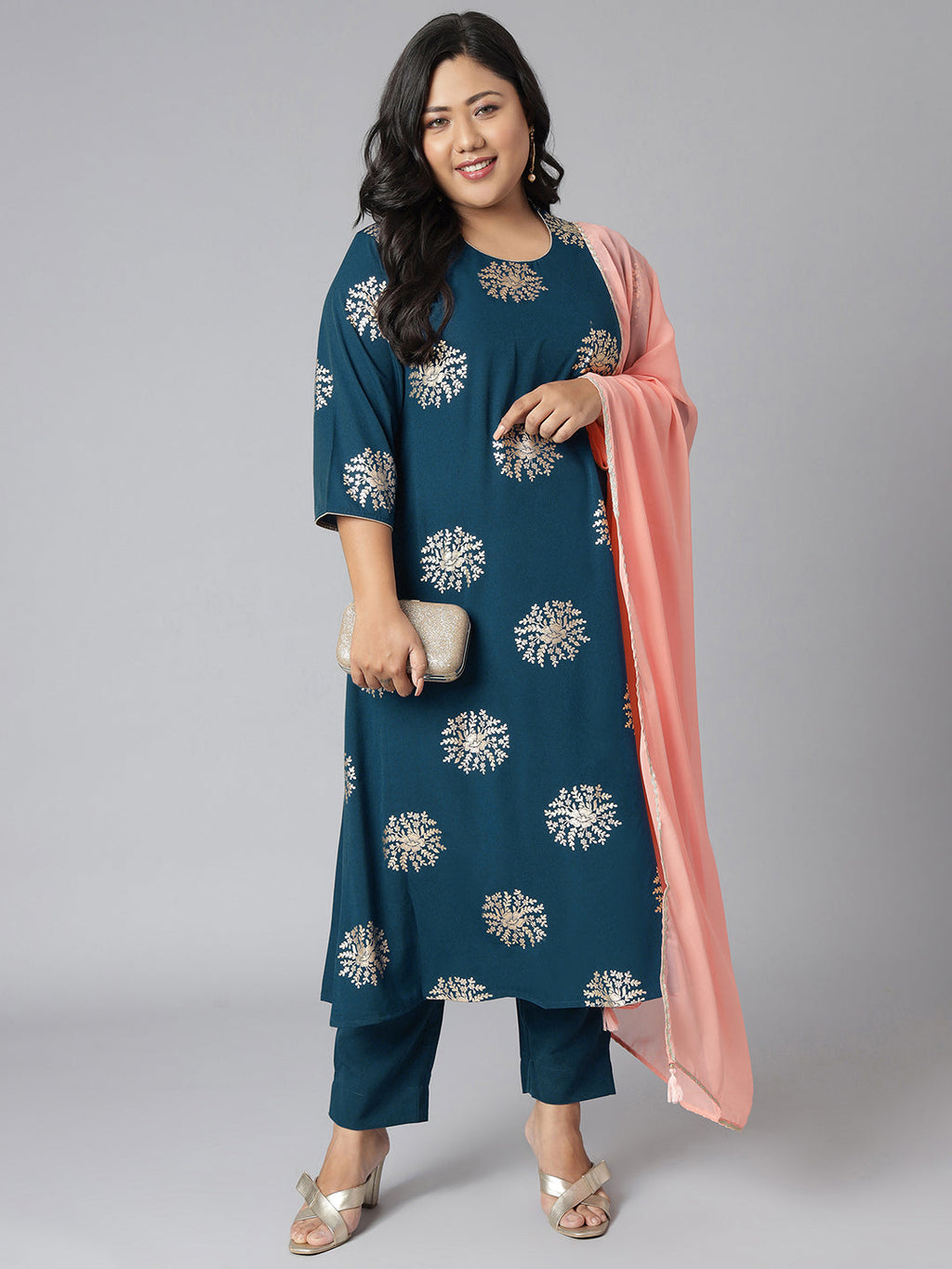 Janasya Women's Teal Poly Crepe A-Line Party Kurta Set | Grocsy