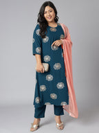 Janasya Women's Teal Poly Crepe A-Line Party Kurta Set | Grocsy