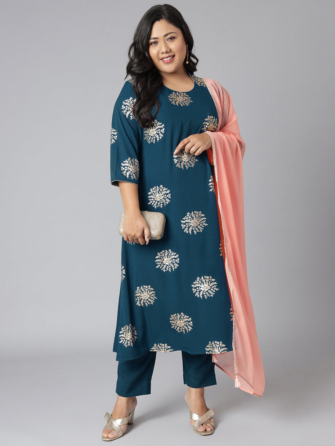 Janasya Women's Teal Poly Crepe A-Line Party Kurta Set | Grocsy