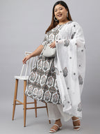 Janasya Women's White Cotton Flared Casual Kurta Set | Grocsy