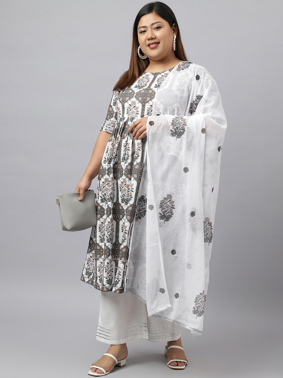 Janasya Women's White Cotton Flared Casual Kurta Set | Grocsy
