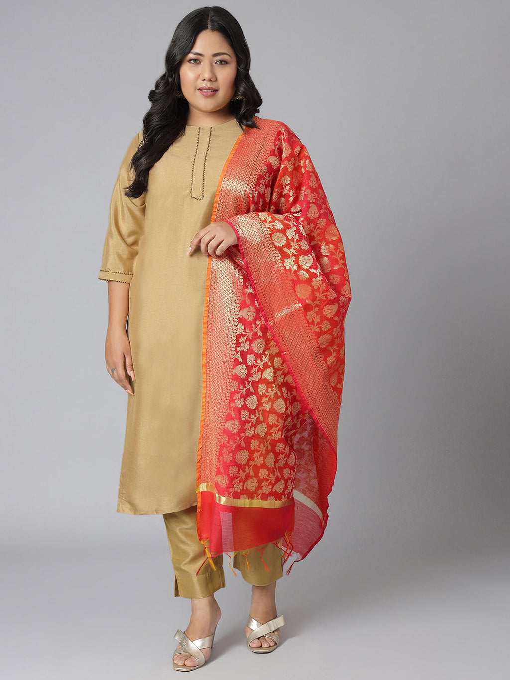 Janasya Women's Gold Poly Silk Straight Festive Kurta Set | Grocsy
