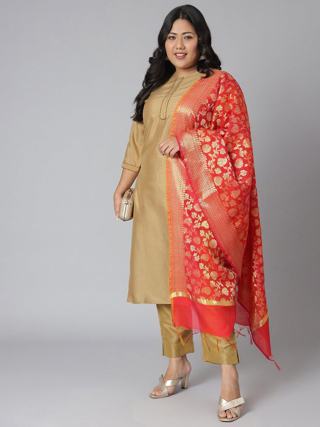 Janasya Women's Gold Poly Silk Straight Festive Kurta Set | Grocsy