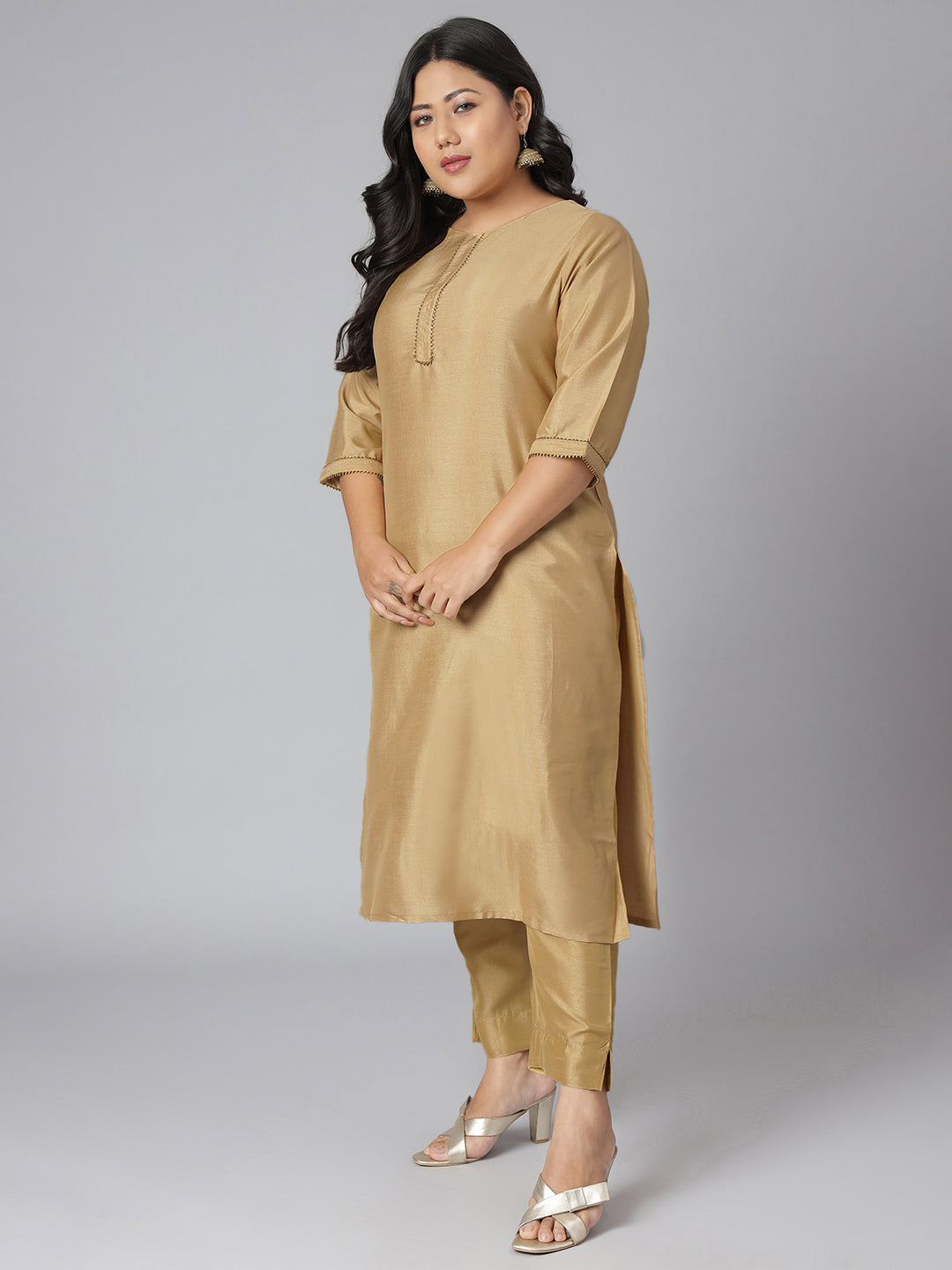 Janasya Women's Gold Poly Silk Straight Festive Kurta Set | Grocsy
