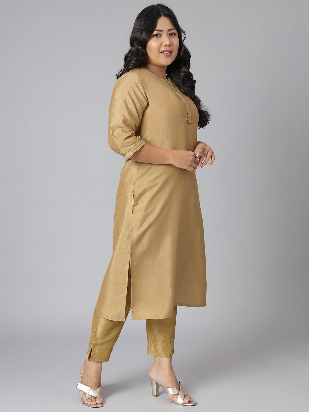 Janasya Women's Gold Poly Silk Straight Festive Kurta Set | Grocsy