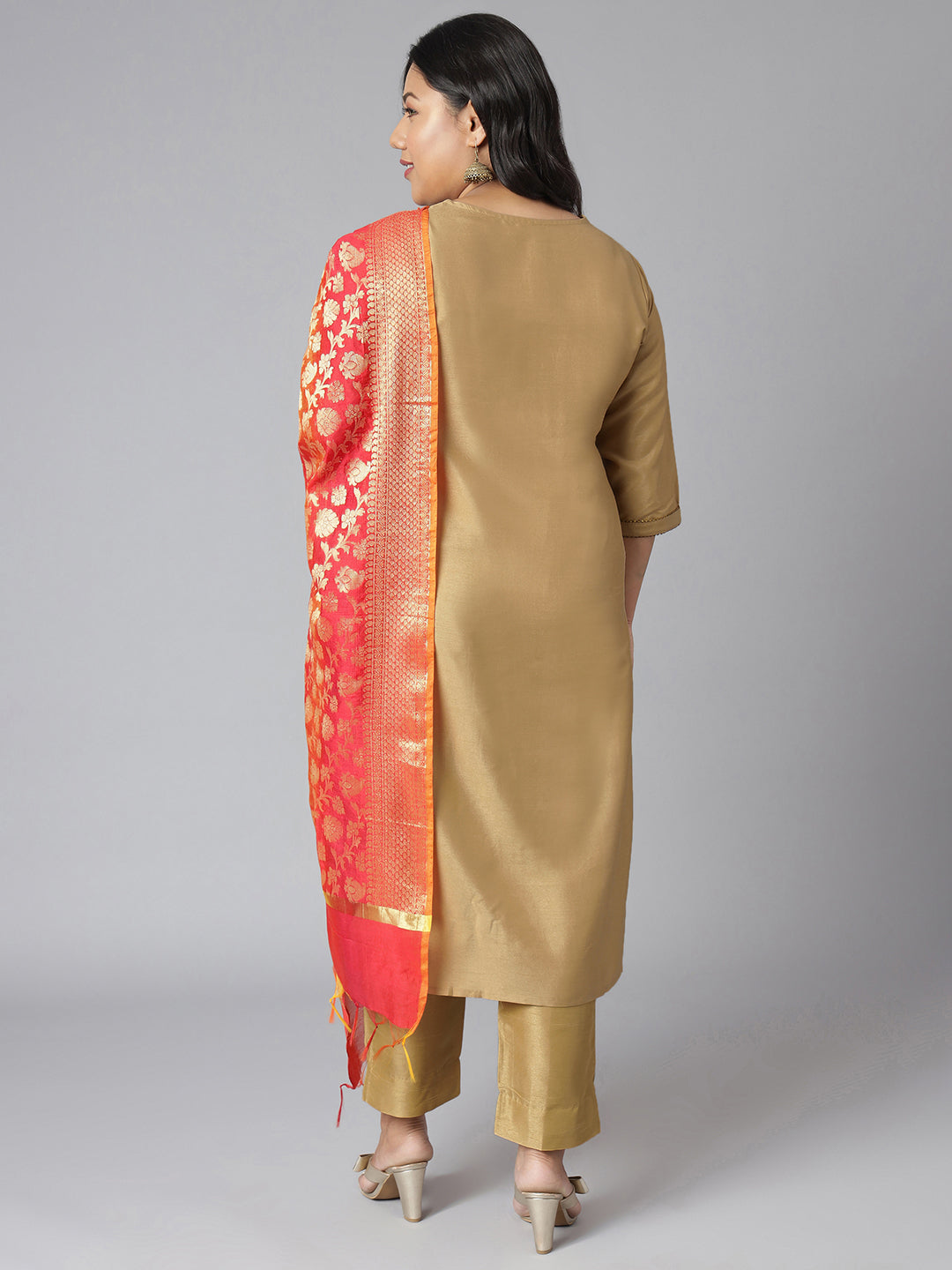 Janasya Women's Gold Poly Silk Straight Festive Kurta Set | Grocsy