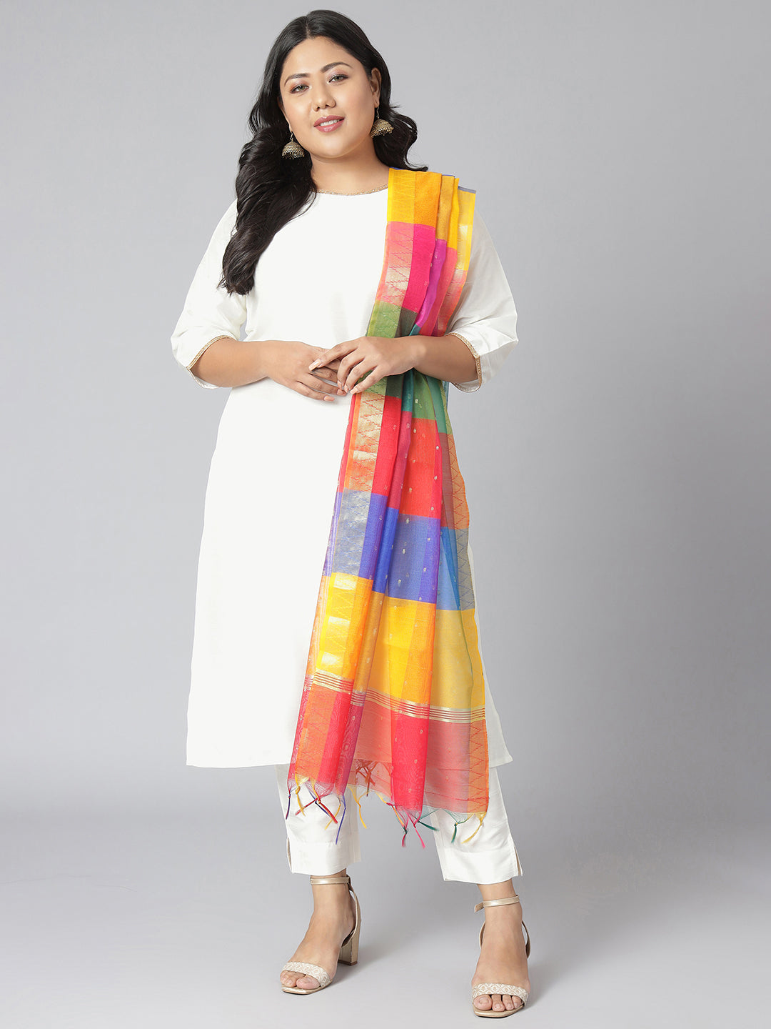 Janasya Women's Off-White Poly Silk Straight Festive Kurta Set | Grocsy