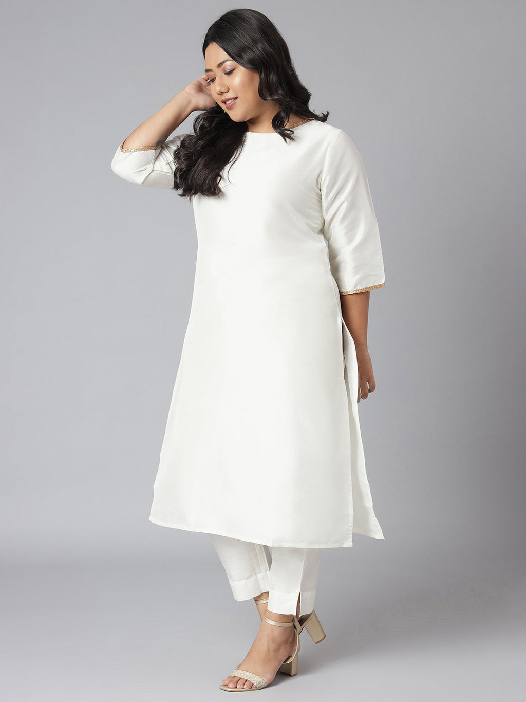 Janasya Women's Off-White Poly Silk Straight Festive Kurta Set | Grocsy