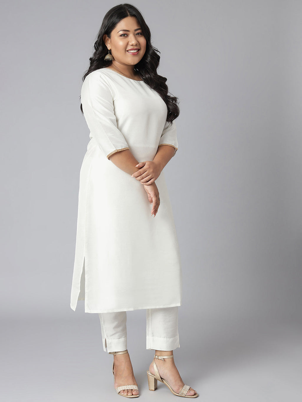 Janasya Women's Off-White Poly Silk Straight Festive Kurta Set | Grocsy