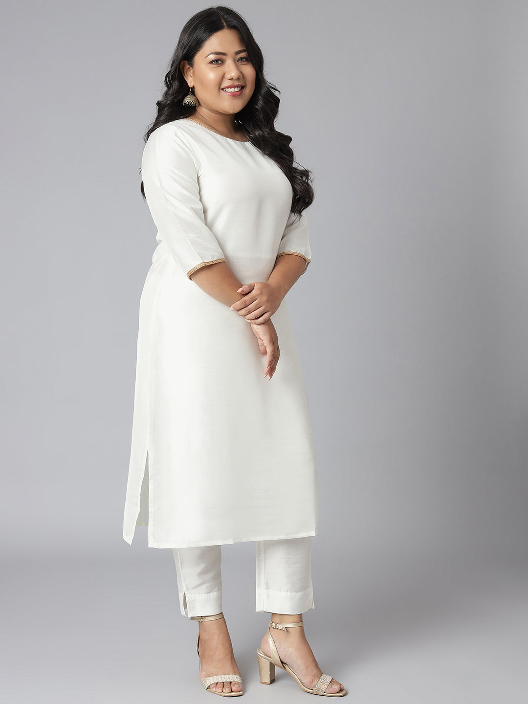 Janasya Women's Off-White Poly Silk Straight Festive Kurta Set | Grocsy