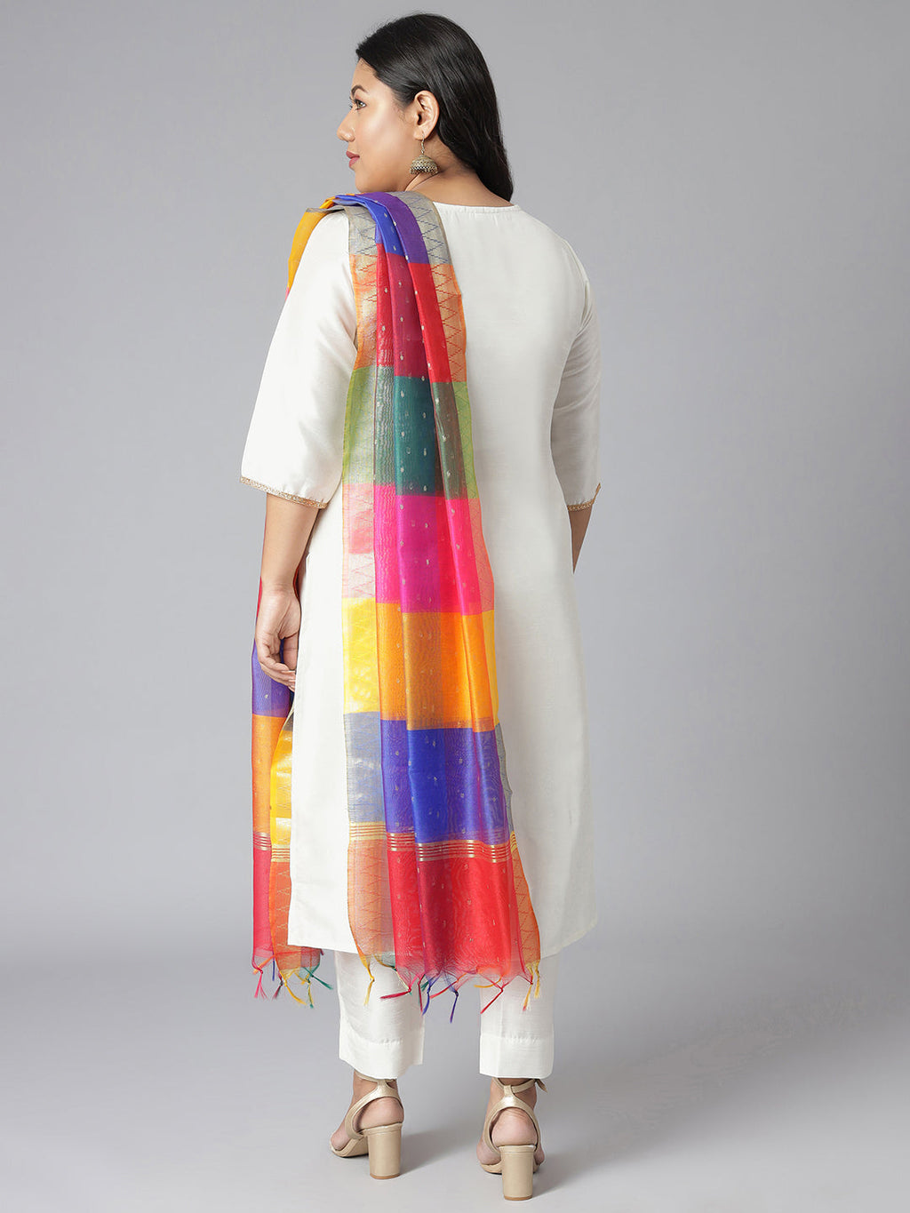 Janasya Women's Off-White Poly Silk Straight Festive Kurta Set | Grocsy