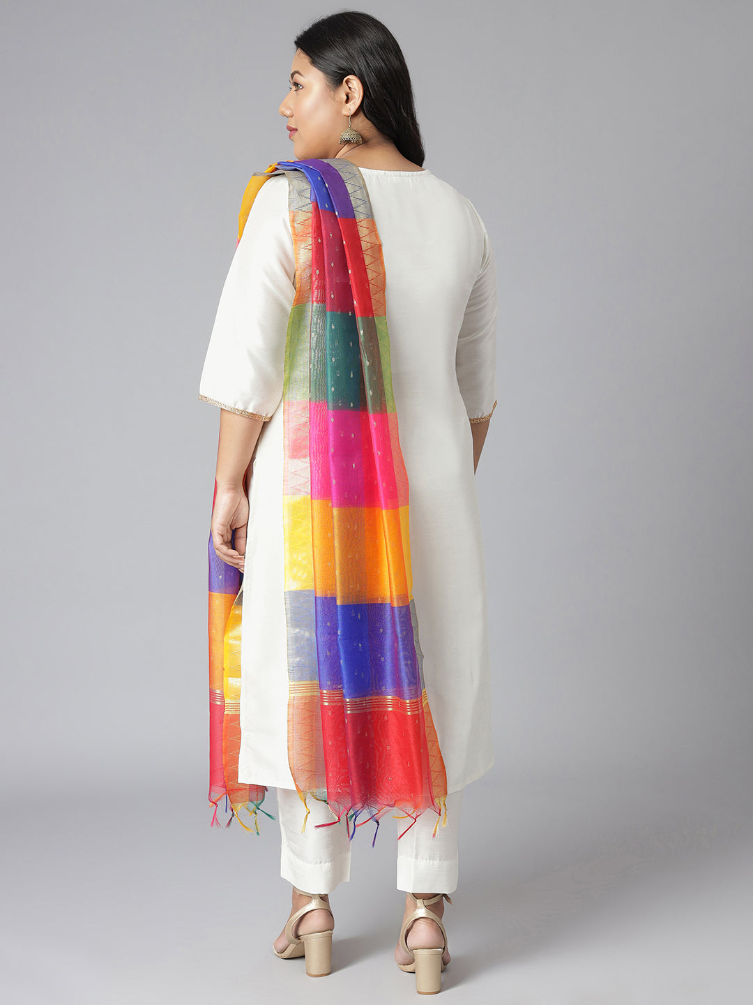 Janasya Women's Off-White Poly Silk Straight Festive Kurta Set | Grocsy