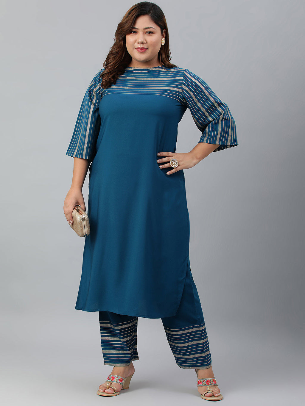 Janasya Women's Teal Poly Crepe Straight Casual Kurta Set | Grocsy