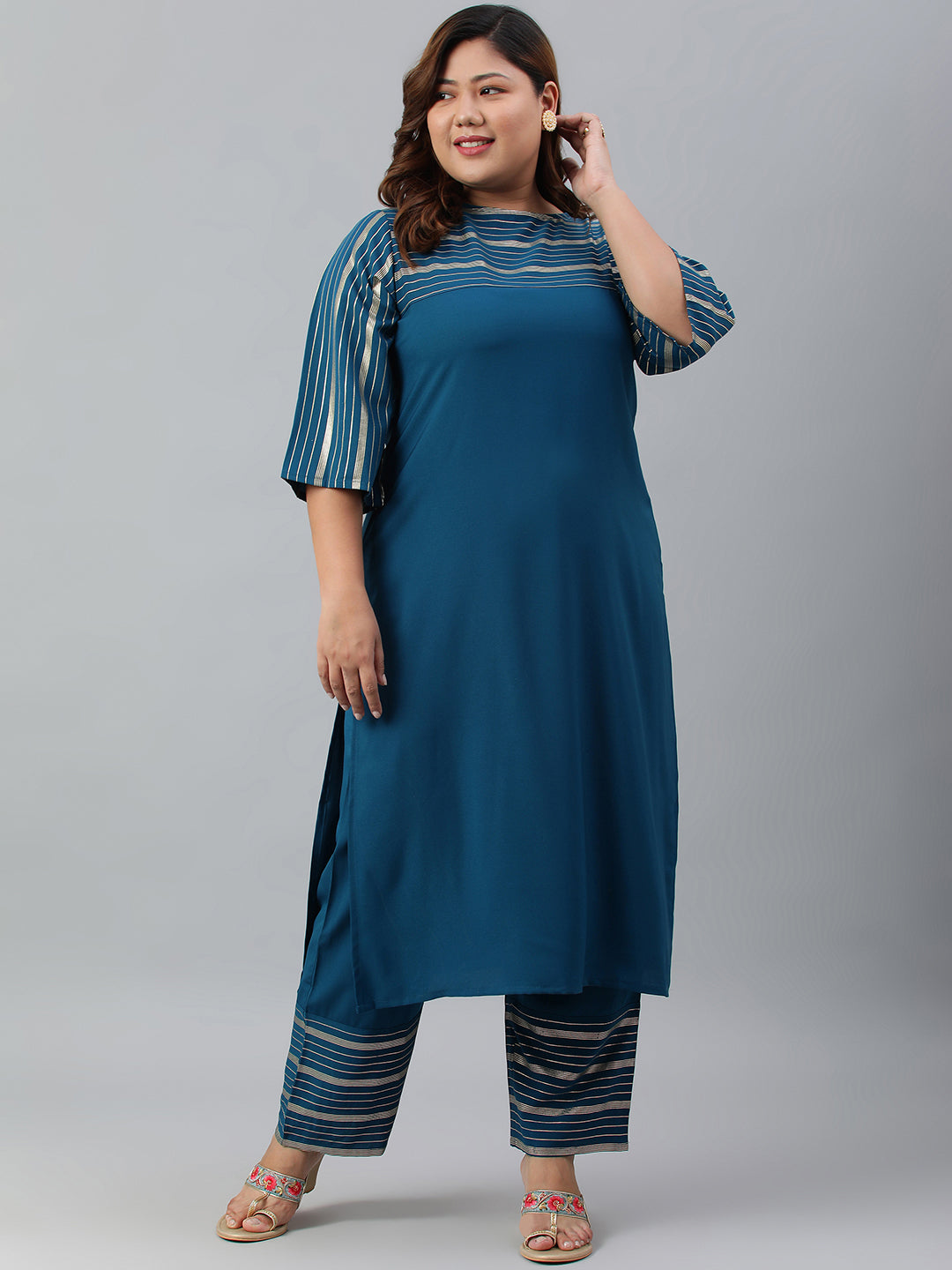 Janasya Women's Teal Poly Crepe Straight Casual Kurta Set | Grocsy
