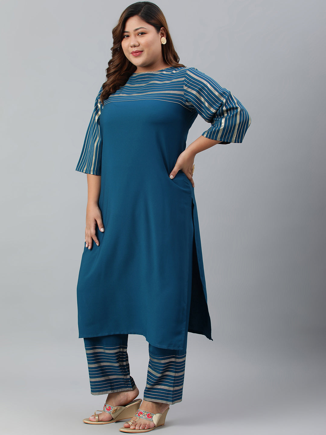 Janasya Women's Teal Poly Crepe Straight Casual Kurta Set | Grocsy
