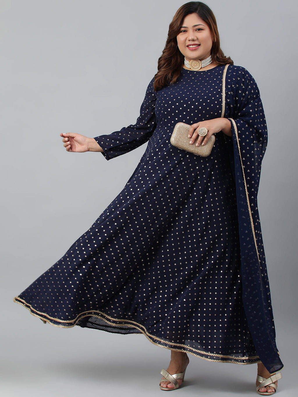 Indian Clothing Janasya XL LOVE by Janasya Women's Plus Size Navy Blue Poly Georgette Kurta and Dupatta | Grocsy